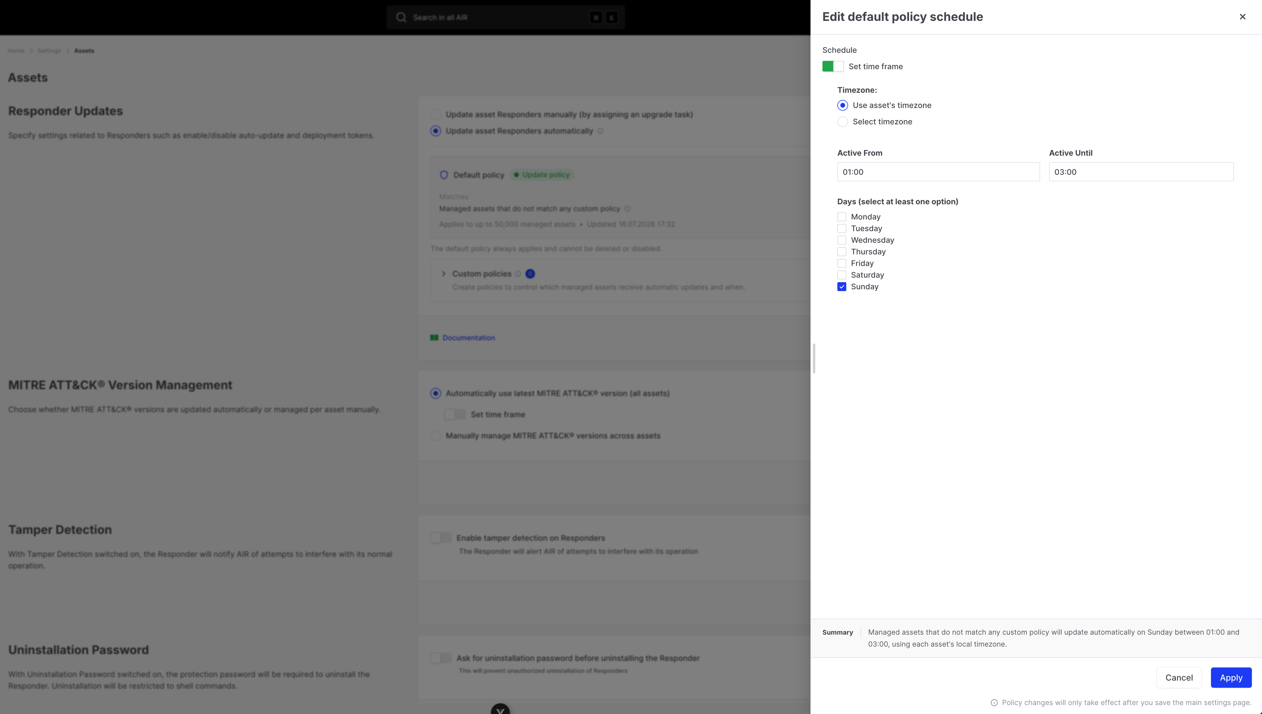 Responder Updates: Edit default policy schedule drawer